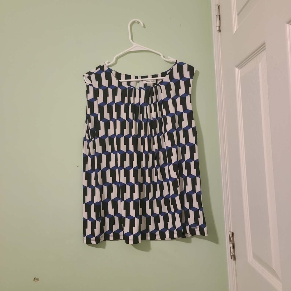 Calvin Klein Black, White, and Blue Patterned Top